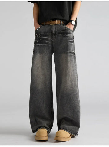 Riolio Mens Straight Loose Fit Vintage Distressed Jeans Rivet Decor Retro Denim Trousers Casual Fashion Wholesale Bulk Order Streetwear